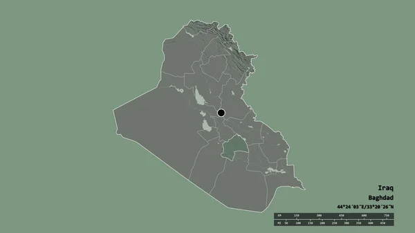 以首都 主要区域分部和分离的Al Qadisiyah地区为首都的伊拉克的绝望状态 彩色高程图 3D渲染 — 图库照片