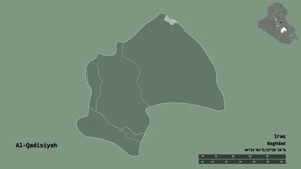 イラクの州 カディシヤの形は その資本がしっかりとした背景に隔離されています 距離スケール リージョンプレビュー およびラベル 色の標高マップ 3Dレンダリング — ストック写真