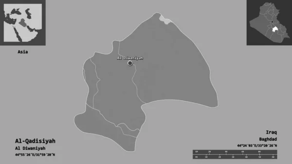 イラクの州アル カディシヤとその首都の形 距離スケール プレビューおよびラベル 標高マップ 3Dレンダリング — ストック写真