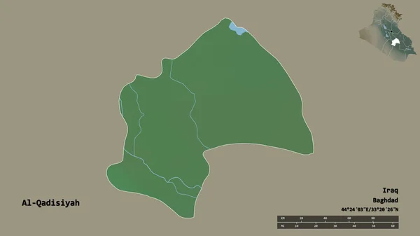 イラクの州 カディシヤの形は その資本がしっかりとした背景に隔離されています 距離スケール リージョンプレビュー およびラベル 地形図 3Dレンダリング — ストック写真