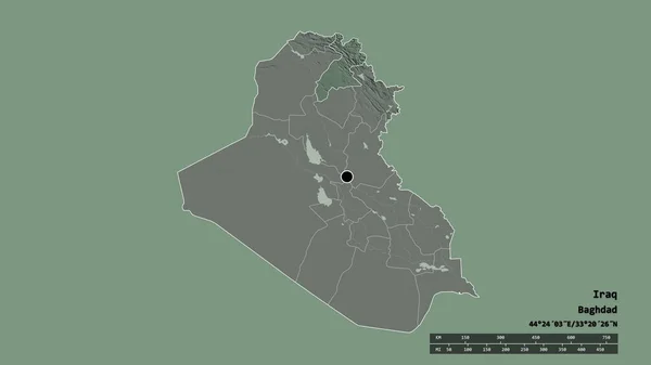 以首都 主要区域分部和分离的埃尔比勒地区为首都的伊拉克的绝望状态 彩色高程图 3D渲染 — 图库照片
