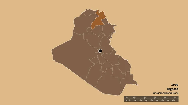 以首都 主要区域分部和分离的埃尔比勒地区为首都的伊拉克的绝望状态 图形纹理的组成 3D渲染 — 图库照片