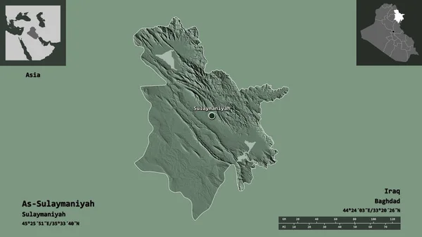 イラクの州であるAs Sulaymaniyahとその首都の形 距離スケール プレビューおよびラベル 色の標高マップ 3Dレンダリング — ストック写真