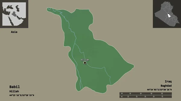 イラクの州であるバビルとその首都の形 距離スケール プレビューおよびラベル 地形図 3Dレンダリング — ストック写真