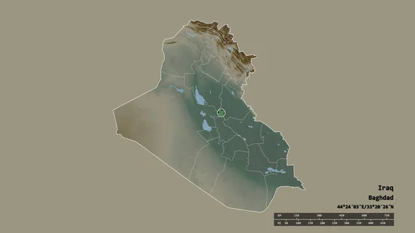 以首都 主要区域司和分离的巴格达地区为首都的伊拉克的绝望面貌 地形浮雕图 3D渲染 — 图库照片