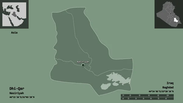 イラクの州であるジー カーとその首都の形 距離スケール プレビューおよびラベル 色の標高マップ 3Dレンダリング — ストック写真
