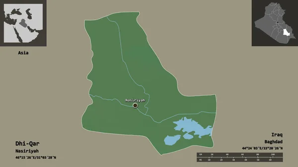 伊拉克省Dhi Qar形状及其首都 距离刻度 预览和标签 地形浮雕图 3D渲染 — 图库照片