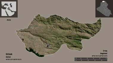 Dihok 'un şekli, Irak vilayeti ve başkenti. Uzaklık ölçeği, ön gösterimler ve etiketler. Uydu görüntüleri. 3B görüntüleme