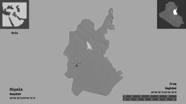 Diyala 'nın şekli, Irak vilayeti ve başkenti. Uzaklık ölçeği, ön gösterimler ve etiketler. Çift seviyeli yükseklik haritası. 3B görüntüleme