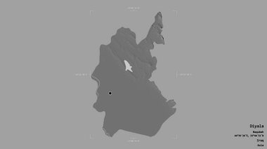 Diyala bölgesi, Irak eyaleti, jeoreferatlı bir sınır kutusunda sağlam bir arka planda izole edilmiş. Etiketler. Çift seviyeli yükseklik haritası. 3B görüntüleme