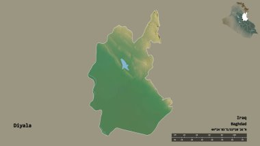 Irak 'ın Diyala eyaleti, başkenti sağlam bir zemin üzerinde izole edilmiş. Uzaklık ölçeği, bölge önizlemesi ve etiketleri. Topografik yardım haritası. 3B görüntüleme