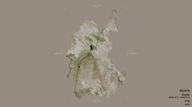 Diyala bölgesi, Irak eyaleti, jeoreferatlı bir sınır kutusunda sağlam bir arka planda izole edilmiş. Etiketler. Uydu görüntüleri. 3B görüntüleme