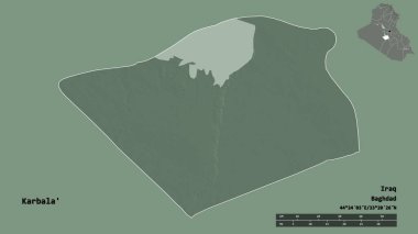 Irak 'ın başkenti Karbala' nın şekli, sağlam bir arka planda izole edilmiş. Uzaklık ölçeği, bölge önizlemesi ve etiketleri. Renkli yükseklik haritası. 3B görüntüleme