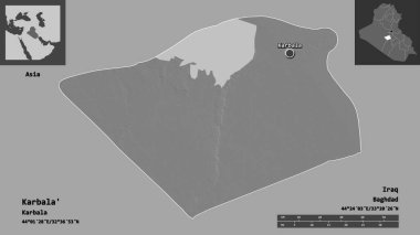 Karbala 'nın şekli, Irak eyaleti ve başkenti. Uzaklık ölçeği, ön gösterimler ve etiketler. Çift seviyeli yükseklik haritası. 3B görüntüleme