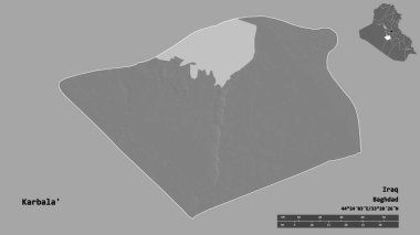 Irak 'ın başkenti Karbala' nın şekli, sağlam bir arka planda izole edilmiş. Uzaklık ölçeği, bölge önizlemesi ve etiketleri. Çift seviyeli yükseklik haritası. 3B görüntüleme