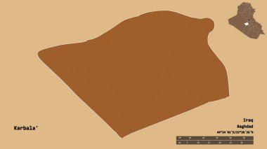 Irak 'ın başkenti Karbala' nın şekli, sağlam bir arka planda izole edilmiş. Uzaklık ölçeği, bölge önizlemesi ve etiketleri. Desenli dokuların bileşimi. 3B görüntüleme