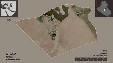 Karbala 'nın şekli, Irak eyaleti ve başkenti. Uzaklık ölçeği, ön gösterimler ve etiketler. Uydu görüntüleri. 3B görüntüleme