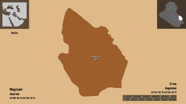 Maysan 'ın şekli, Irak eyaleti ve başkenti. Uzaklık ölçeği, ön gösterimler ve etiketler. Desenli dokuların bileşimi. 3B görüntüleme