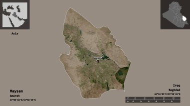 Maysan 'ın şekli, Irak eyaleti ve başkenti. Uzaklık ölçeği, ön gösterimler ve etiketler. Uydu görüntüleri. 3B görüntüleme