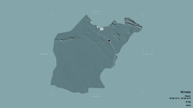 Ninawa bölgesi, Irak vilayeti, jeoreferatlı bir sınır kutusunda sağlam bir arka planda izole edilmiş. Etiketler. Renkli yükseklik haritası. 3B görüntüleme