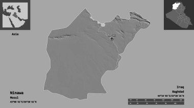 Ninawa 'nın şekli, Irak eyaleti ve başkenti. Uzaklık ölçeği, ön gösterimler ve etiketler. Çift seviyeli yükseklik haritası. 3B görüntüleme