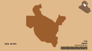 Irak 'ın başkenti Sala ad-Din' in sağlam arka planda izole edilmiş hali. Uzaklık ölçeği, bölge önizlemesi ve etiketleri. Desenli dokuların bileşimi. 3B görüntüleme