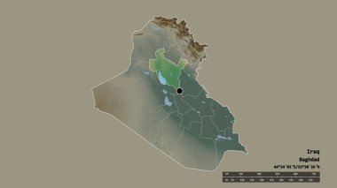 Başkenti, ana bölgesel bölümü ve ayrılmış Sala ad-Din bölgesi ile Irak 'ın dejenere edilmiş şekli. Etiketler. Topografik yardım haritası. 3B görüntüleme