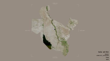Sala ad-Din bölgesi, Irak eyaleti, jeoreferatlı bir sınır kutusunda sağlam bir arka planda izole edilmiş. Etiketler. Uydu görüntüleri. 3B görüntüleme