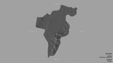 Carlow bölgesi, İrlanda eyaleti, sağlam bir arka planda izole edilmiş bir sınır kutusunda. Etiketler. Çift seviyeli yükseklik haritası. 3B görüntüleme