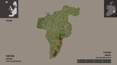 Carlow 'un şekli, İrlanda eyaleti ve başkenti. Uzaklık ölçeği, ön gösterimler ve etiketler. Uydu görüntüleri. 3B görüntüleme