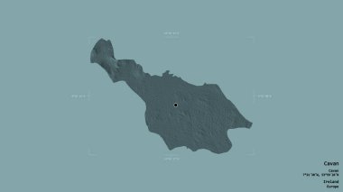 İrlanda 'nın Cavan bölgesi, katı bir arka planda izole edilmiş bir sınır kutusunda. Etiketler. Renkli yükseklik haritası. 3B görüntüleme