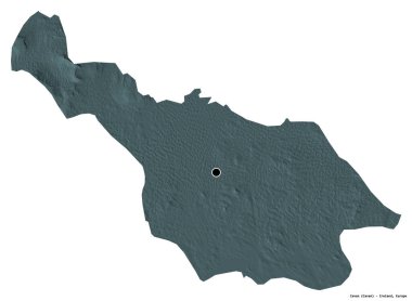 Beyaz arka planda başkenti izole edilmiş, İrlanda 'nın Cavan ilçesi. Renkli yükseklik haritası. 3B görüntüleme