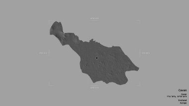 İrlanda 'nın Cavan bölgesi, katı bir arka planda izole edilmiş bir sınır kutusunda. Etiketler. Çift seviyeli yükseklik haritası. 3B görüntüleme