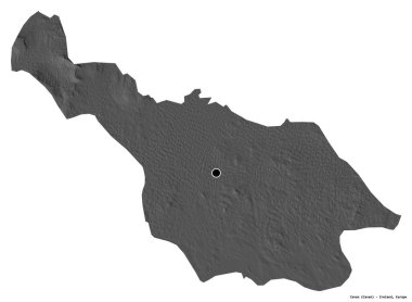Beyaz arka planda başkenti izole edilmiş, İrlanda 'nın Cavan ilçesi. Çift seviyeli yükseklik haritası. 3B görüntüleme