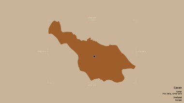 İrlanda 'nın Cavan bölgesi, katı bir arka planda izole edilmiş bir sınır kutusunda. Etiketler. Desenli dokuların bileşimi. 3B görüntüleme