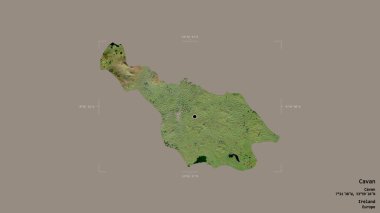 İrlanda 'nın Cavan bölgesi, katı bir arka planda izole edilmiş bir sınır kutusunda. Etiketler. Uydu görüntüleri. 3B görüntüleme