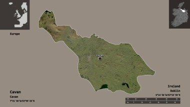 İrlanda 'nın Cavan ilçesi ve başkenti. Uzaklık ölçeği, ön gösterimler ve etiketler. Uydu görüntüleri. 3B görüntüleme
