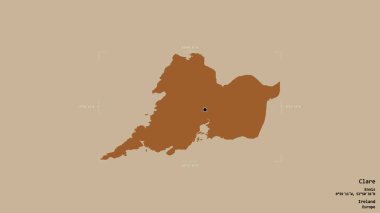 Clare bölgesi, İrlanda eyaleti, sağlam bir arka planda izole edilmiş bir sınır kutusunda. Etiketler. Desenli dokuların bileşimi. 3B görüntüleme