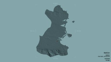 Dublin bölgesi, İrlanda eyaleti, sağlam bir arka planda izole edilmiş bir sınır kutusunda. Etiketler. Renkli yükseklik haritası. 3B görüntüleme