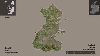Dublin 'in şekli, İrlanda eyaleti ve başkenti. Uzaklık ölçeği, ön gösterimler ve etiketler. Uydu görüntüleri. 3B görüntüleme