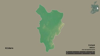 İrlanda 'nın Kildare ilçesi, başkenti sağlam arka planda izole edilmiş. Uzaklık ölçeği, bölge önizlemesi ve etiketleri. Topografik yardım haritası. 3B görüntüleme