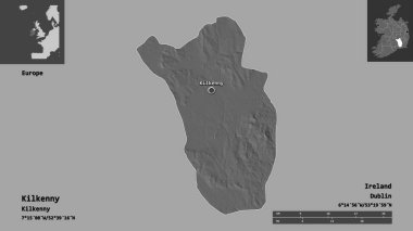 Kilkenny 'nin şekli, İrlanda eyaleti ve başkenti. Uzaklık ölçeği, ön gösterimler ve etiketler. Çift seviyeli yükseklik haritası. 3B görüntüleme