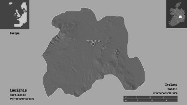 Laoighis 'in şekli, İrlanda vilayeti ve başkenti. Uzaklık ölçeği, ön gösterimler ve etiketler. Çift seviyeli yükseklik haritası. 3B görüntüleme