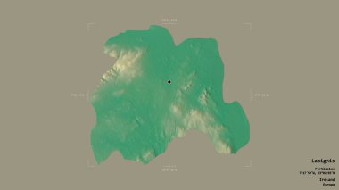 Laoighis bölgesi, İrlanda eyaleti, sağlam bir arka planda izole edilmiş bir sınır kutusunda. Etiketler. Topografik yardım haritası. 3B görüntüleme