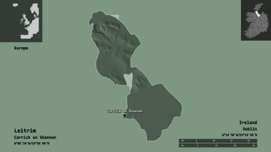 İrlanda 'nın Leitrim ilçesi ve başkenti. Uzaklık ölçeği, ön gösterimler ve etiketler. Renkli yükseklik haritası. 3B görüntüleme
