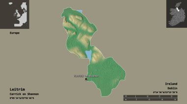 İrlanda 'nın Leitrim ilçesi ve başkenti. Uzaklık ölçeği, ön gösterimler ve etiketler. Topografik yardım haritası. 3B görüntüleme