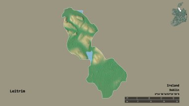 İrlanda 'nın Leitrim ilçesi, başkenti sağlam arka planda izole edilmiş. Uzaklık ölçeği, bölge önizlemesi ve etiketleri. Topografik yardım haritası. 3B görüntüleme