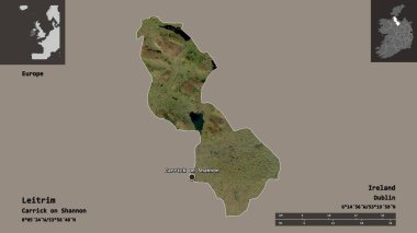 İrlanda 'nın Leitrim ilçesi ve başkenti. Uzaklık ölçeği, ön gösterimler ve etiketler. Uydu görüntüleri. 3B görüntüleme