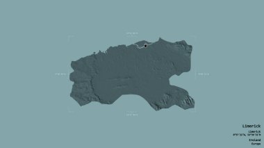 Limerick Bölgesi, İrlanda Bölgesi, sağlam bir arka planda izole edilmiş bir sınır kutusunda. Etiketler. Renkli yükseklik haritası. 3B görüntüleme