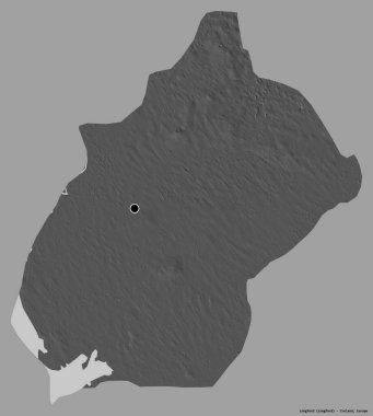 Longford, İrlanda 'nın başkenti, koyu renk arka planda izole edilmiş. Çift seviyeli yükseklik haritası. 3B görüntüleme